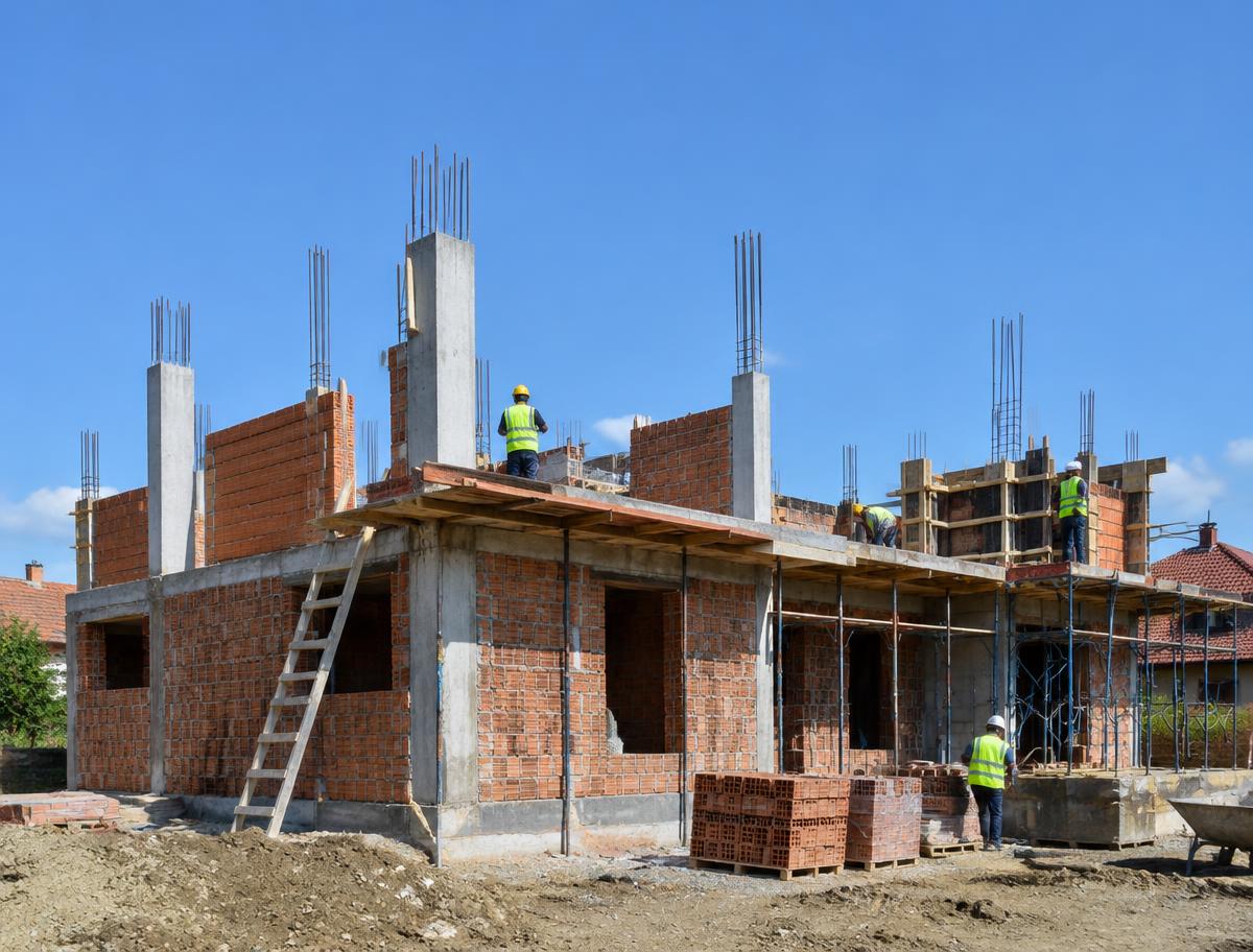 Brick and concrete house structure under construction