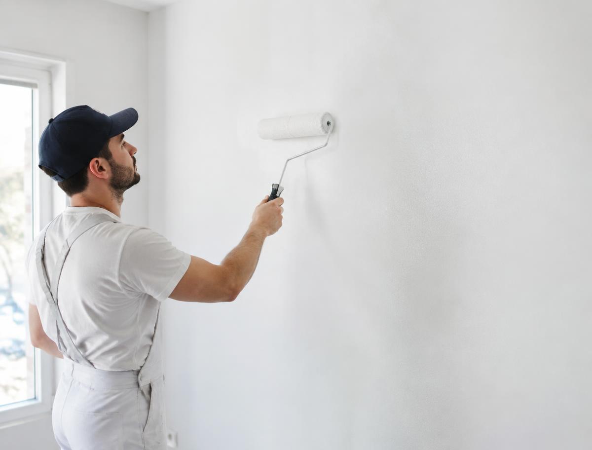 Painter rolling white paint onto an interior wall