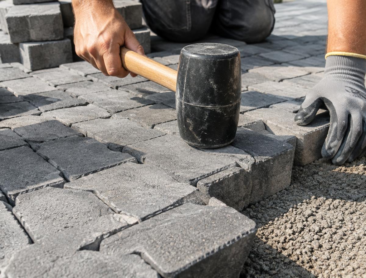 Paving bricks being laid with a rubber mallet